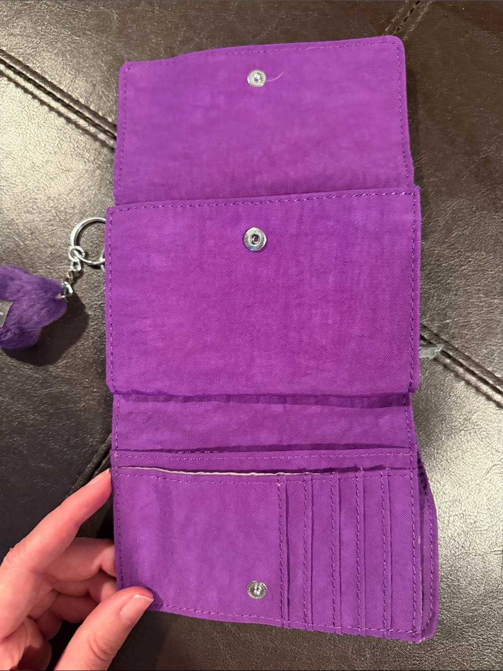 Kipling Purple Trifold Wallet with Fuzzy Monkey Key Charm - Picture 2 of 4